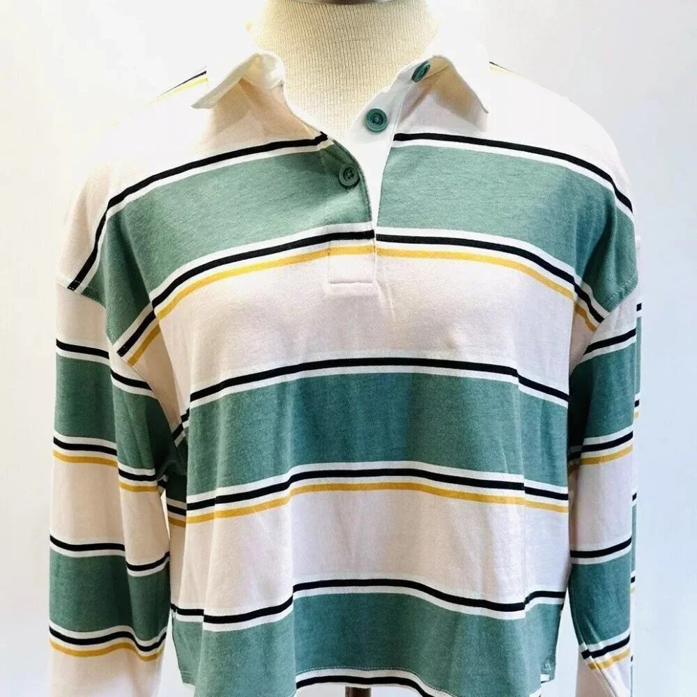 NWT SO Juniors Long Sleeve Pullover Collared Neck Striped Multi-Color Top Size M